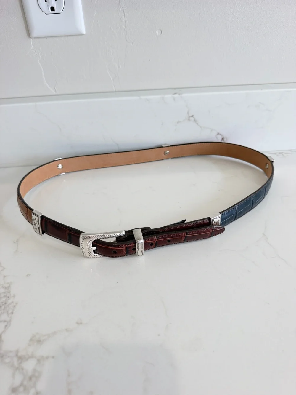 Vintage Brighton Multicolor Croco Embossed Leather Panel Belt Red Black Brown XL